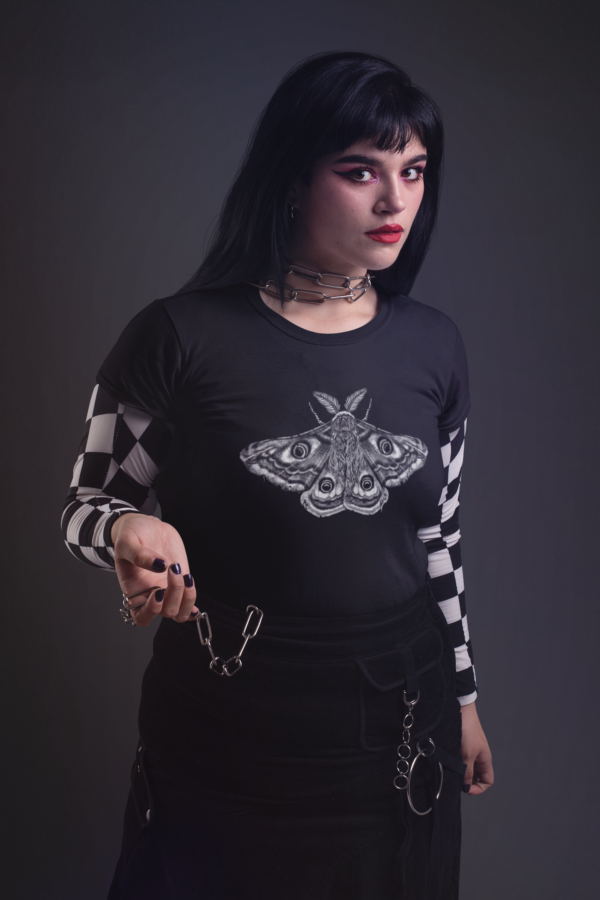 alt woman rocking goth style moth design t shirt