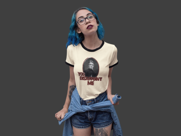 alternative woman wearing retro john brown pop art ringer t shirt