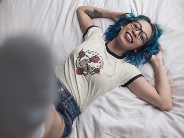 alternative woman with blue hair in ringer t-shirt with hammer and sickle design