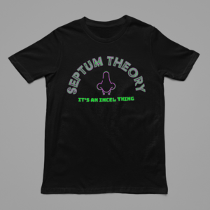 close up of black t shirt with funny septum theory graphic