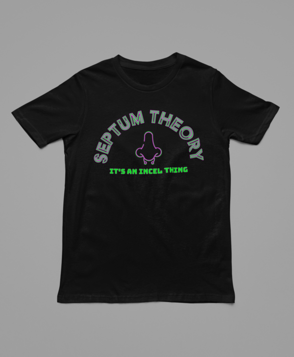 close up of black t shirt with funny septum theory graphic