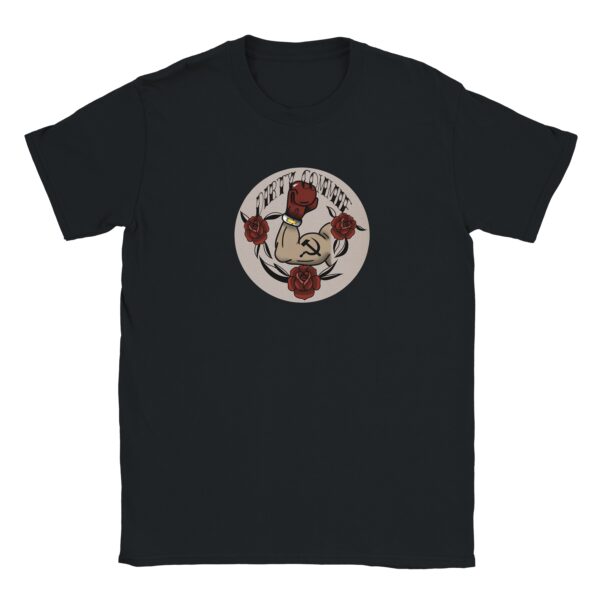 flat lay of Obscurix Dirty Commie design t-shirt in black