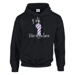 ghost mannequin of black hoodie with fuck transphobes design