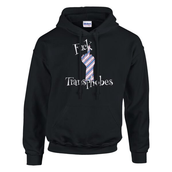 ghost mannequin of black hoodie with fuck transphobes design