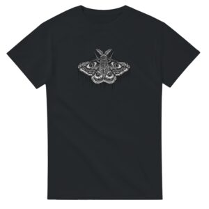 Moth design on flat lay of black t shirt