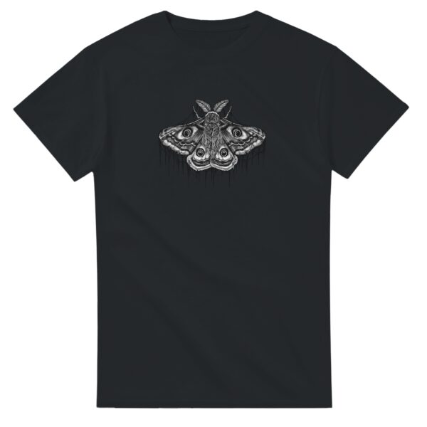 Moth design on flat lay of black t shirt