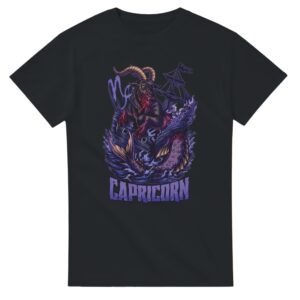 flat lay of gothic style capricorn shirt with horror art on white background