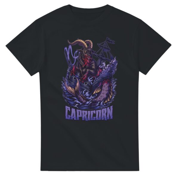 flat lay of gothic style capricorn shirt with horror art on white background