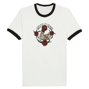 flat lay of dirty commie ringer t shirt for lefties