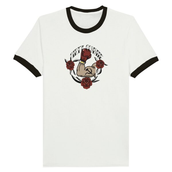 flat lay of dirty commie ringer t shirt for lefties