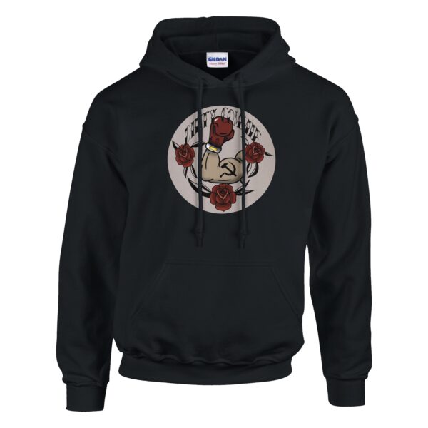 ghost mannequin flat lay of dirty commie design hoodie