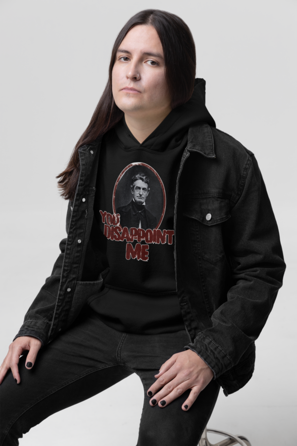 goth man in black hoodie with political john brown design