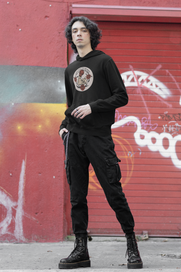 skinny goth man in black communist design hoodie