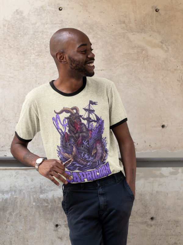 grunge model in retro capricorn zodiac ringer tee