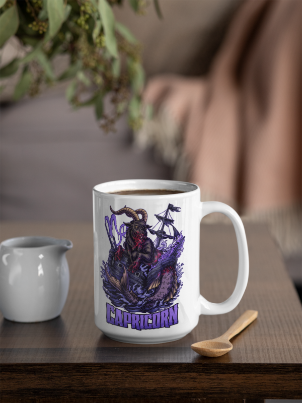 white 15 ounce mug with horror art capricorn sign design