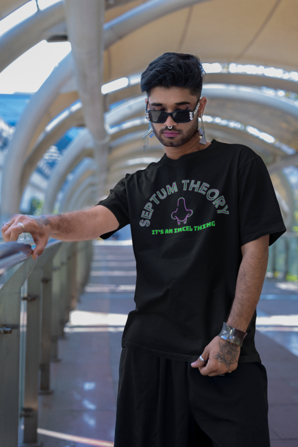 man in black alt streetwear top with septum theory graphic