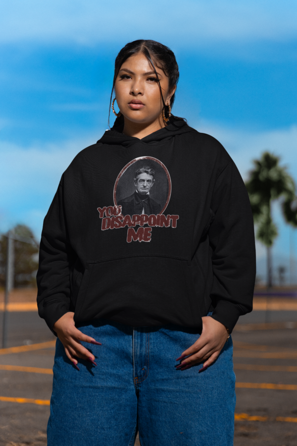 plus sized model wearing funny john brown hoodie