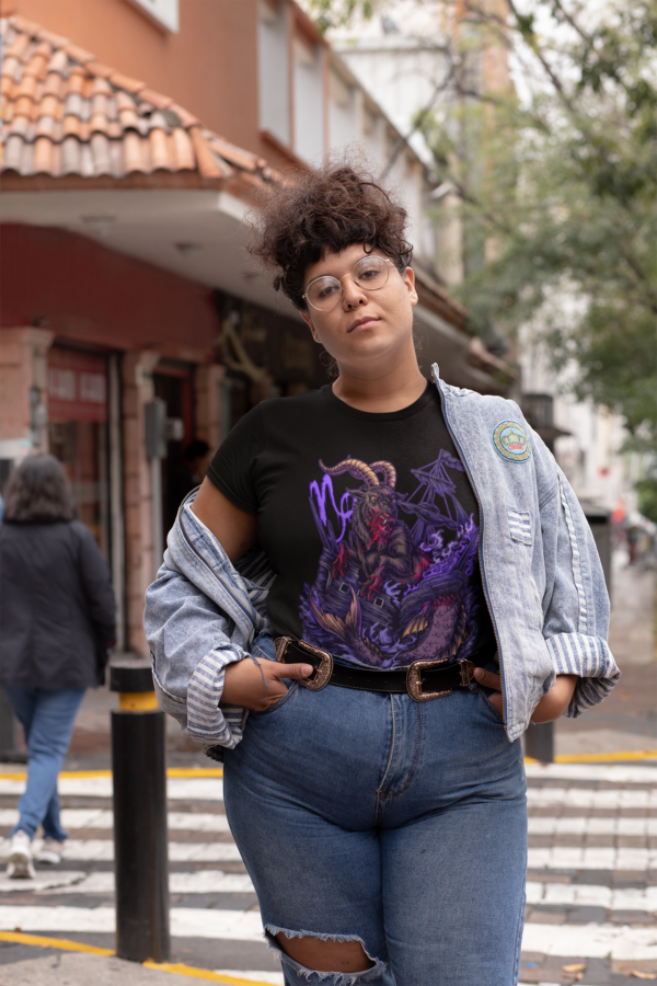 plus sized punk mdoel wearing the dark capricorn zodiac tee