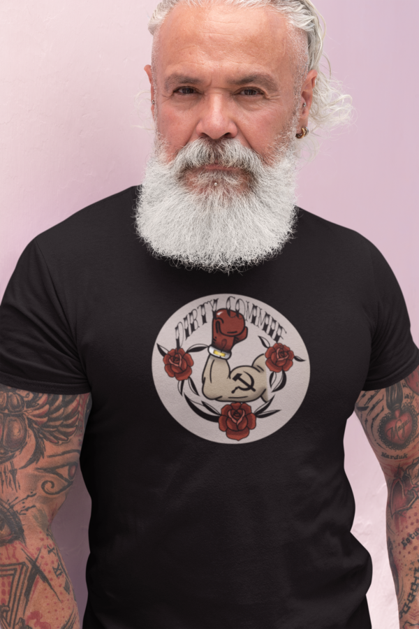 punk man in funny communist shirt featuring hammer and sickle in traditional tattoo style