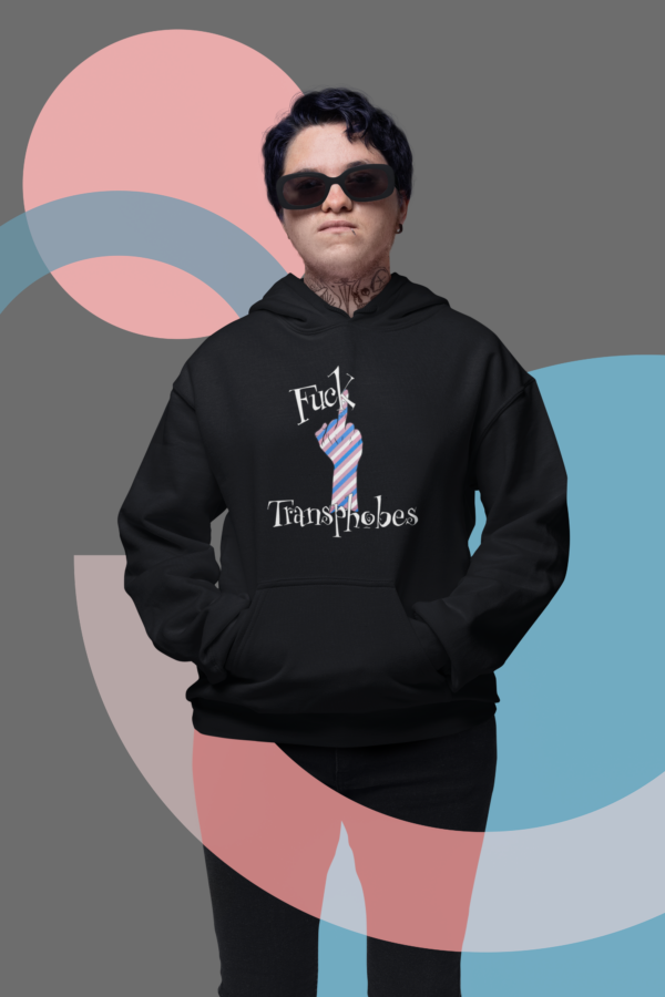punk trans man in fuck transphobes hoodie
