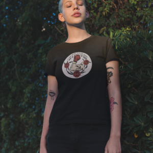 punk woman in a black shirt with communist and roses design