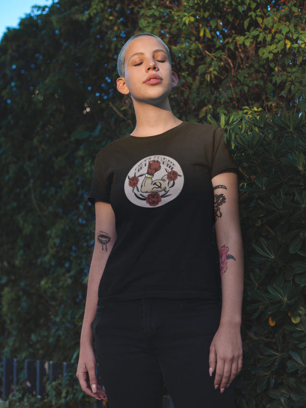 punk woman in a black shirt with communist and roses design