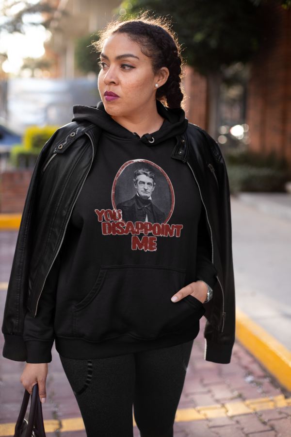 punk woman wearing black hoodie with john brown image