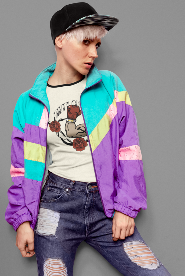 skater punk woman in funny dirty commie ringer tee shirt