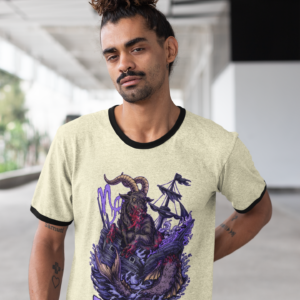 skater punk rocking the vintage style dark capricorn sign design on a retro ringer t-shirt