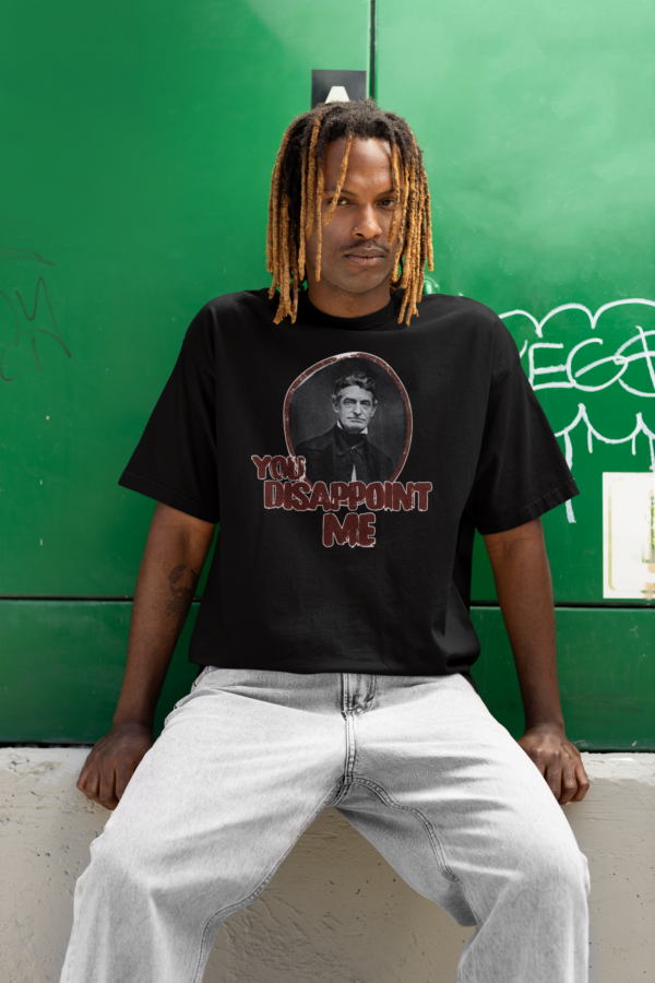 streetwear model in skater punk outfit wearing you disappoint me john brown shirt