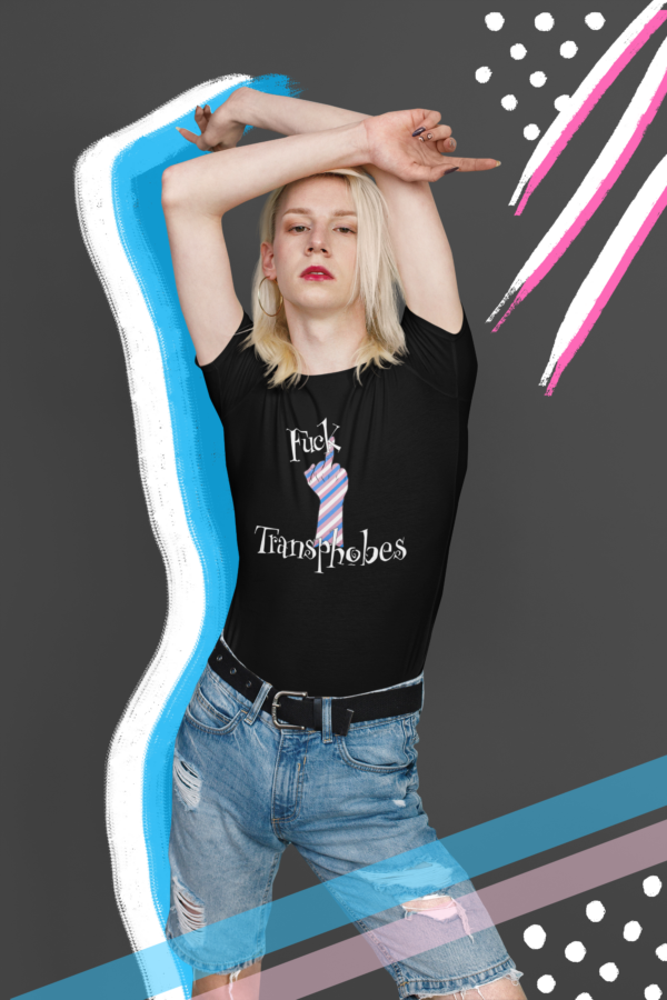 alt fashion model in black fuck transphobes top with funny political graphic