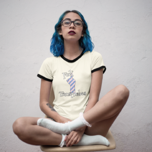 alt woman in retro ringer tee with fuck transphobes design