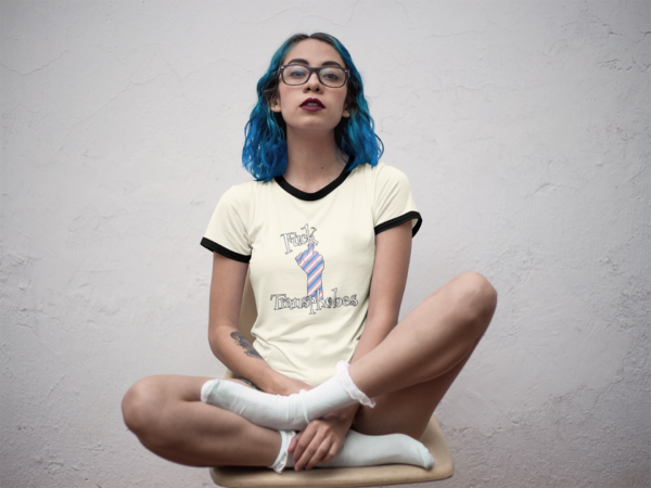 alt woman in retro ringer tee with fuck transphobes design