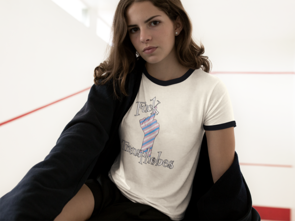 alternative girl in ringer shirt with funny political design to support trans rights