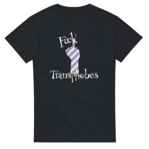 flat lay of the Obscurix Fuck Transphobes design on black t-shirt