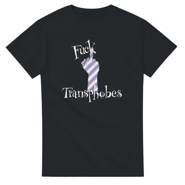 flat lay of the Obscurix Fuck Transphobes design on black t-shirt