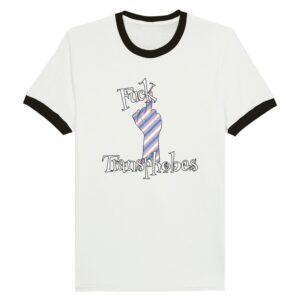 flat lay of ringer t-shirt with the obscuirx fuck transphobes design for pride