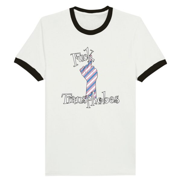 flat lay of ringer t-shirt with the obscuirx fuck transphobes design for pride