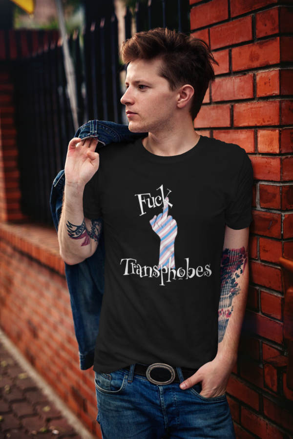 hipster punk man in fuck transphobes with a middle finger design