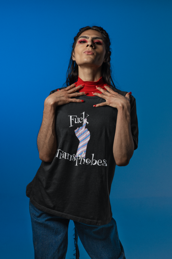 goth trans woman in fuck transphobes political t-shirt